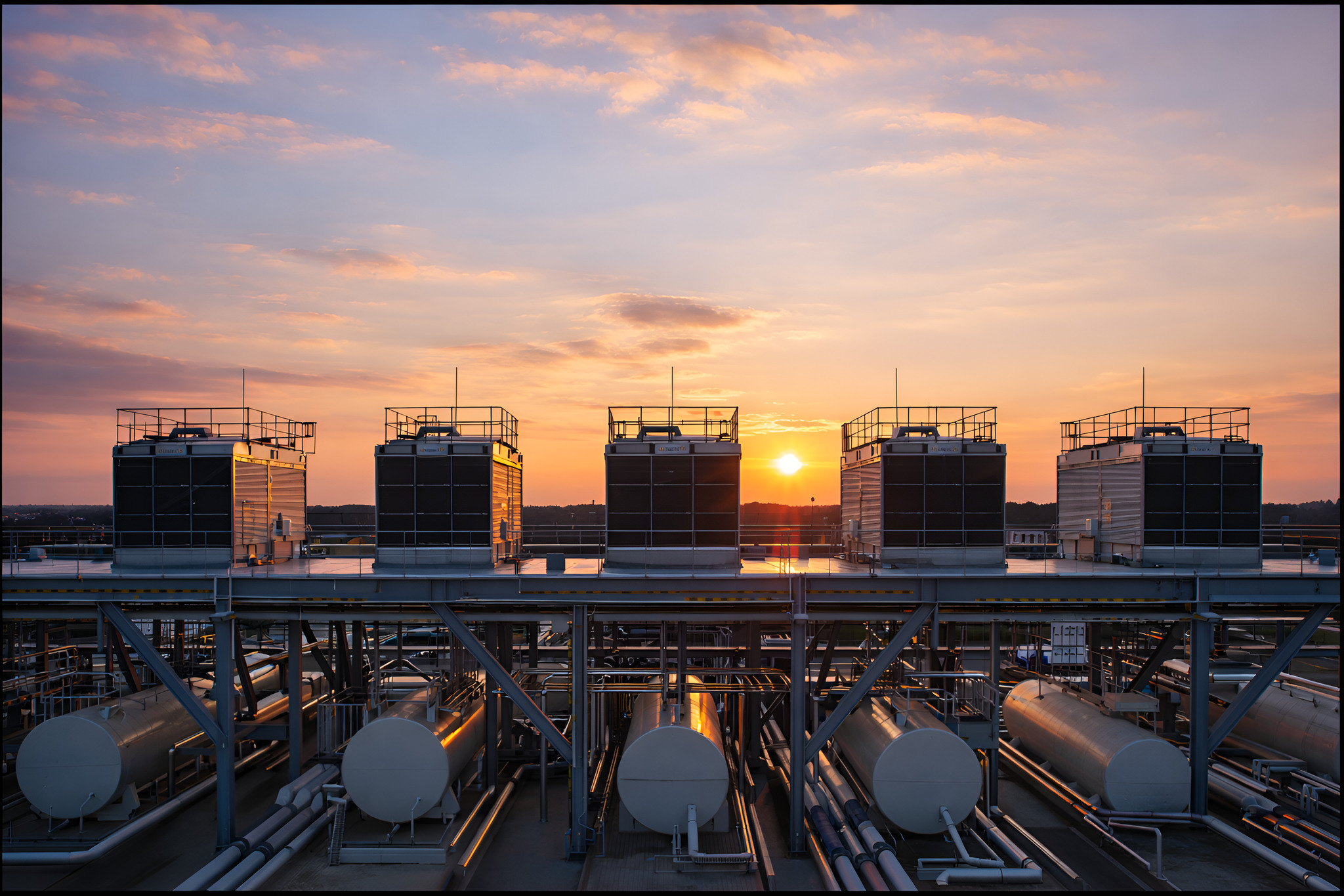 Modern commercial building rooftop featuring industrial cooling towers and HVAC infrastructure at sunset.