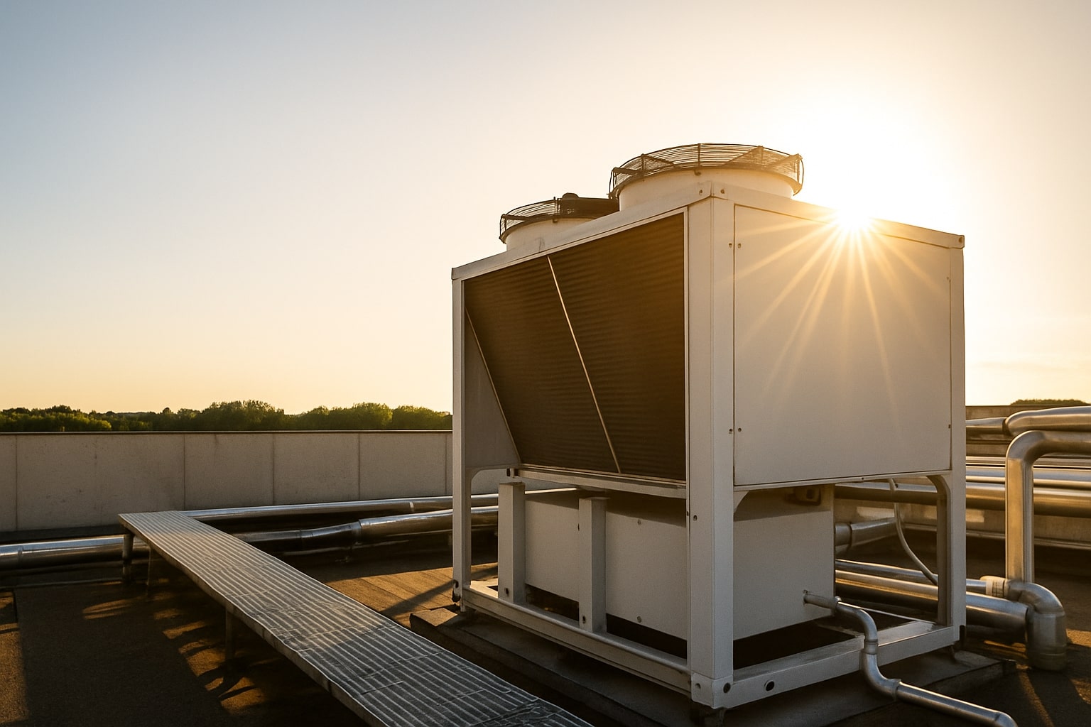 Energy-efficient industrial rooftop cooling system and HVAC unit for commercial building climate control.